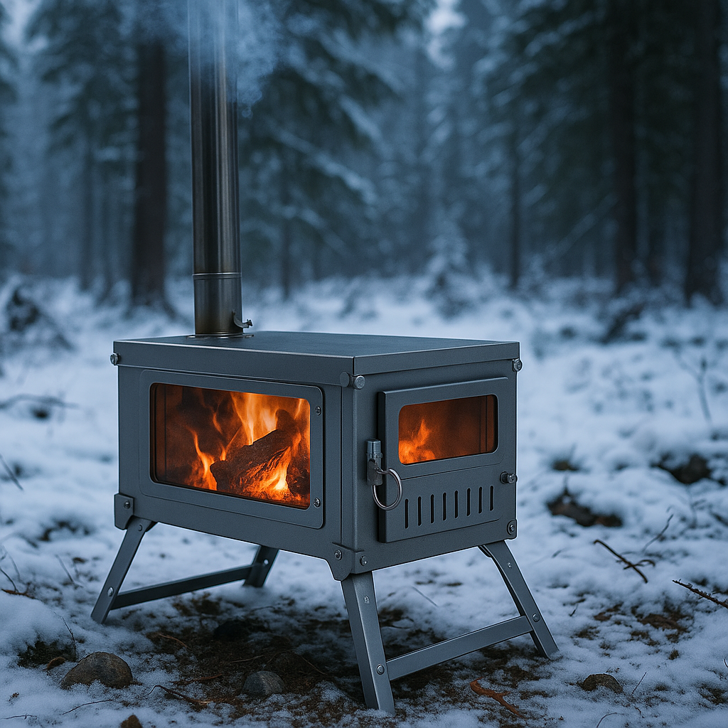 Wood stove with fire burning in a snowy forest